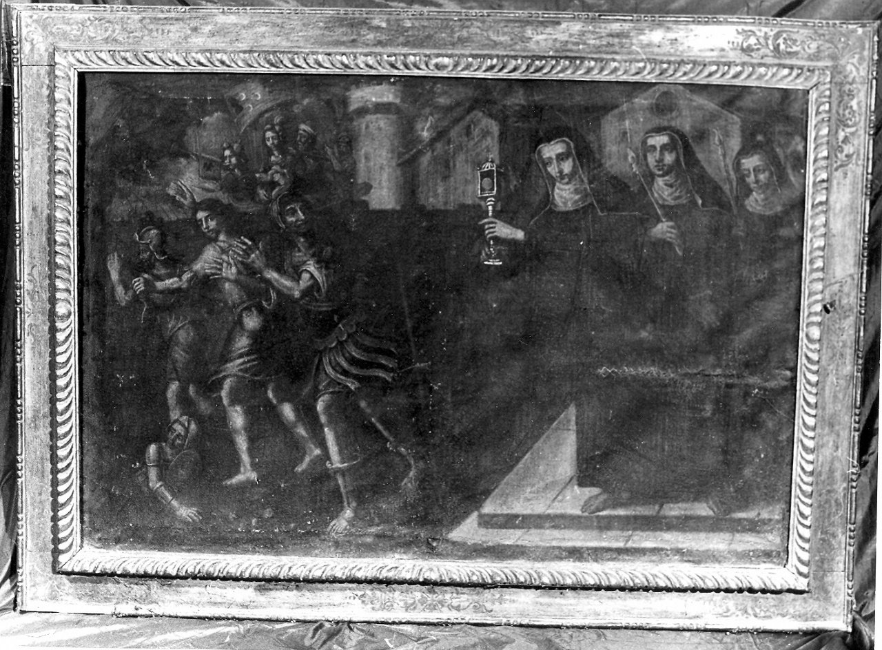 S. Chiara e i saraceni, Santa Chiara respinge i saraceni con l'ostensorio (dipinto, opera isolata) - ambito Italia centrale (sec. XVIII)