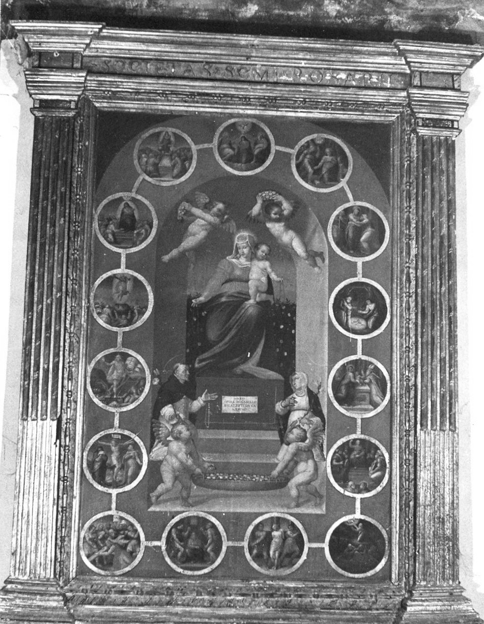 Madonna del Rosario con Santi domenicani e misteri del rosario (dipinto, opera isolata) di Bagazzotti Camillo (sec. XVI)