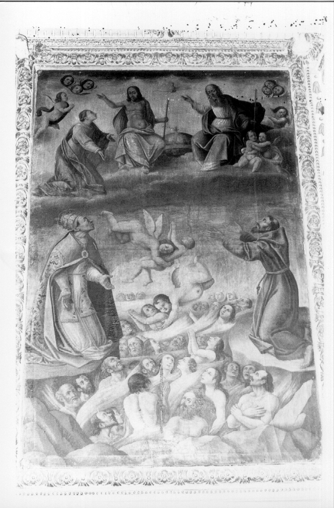 Trinità con San Francesco d'Assisi e Papa Gregorio Magno e anime purganti (pala d'altare, elemento d'insieme) - ambito umbro (sec. XVII)