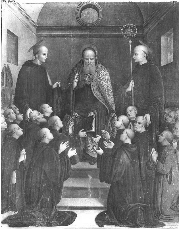 San Benedetto, fra San Placido e San Mauro, consegna la Regola dell'Ordine ai suoi monaci, San Benedetto (dipinto, elemento d'insieme) di Eusebio da San Giorgio (attribuito) (sec. XV)
