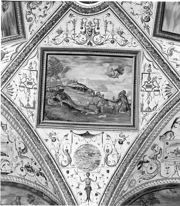 I sacrifici di Abele e Caino e in secondo piano l'uccisione dell'innocente, Caino e Abele (dipinto, elemento d'insieme) di Pecennini Scilla (attribuito) (seconda metà sec. XVI)
