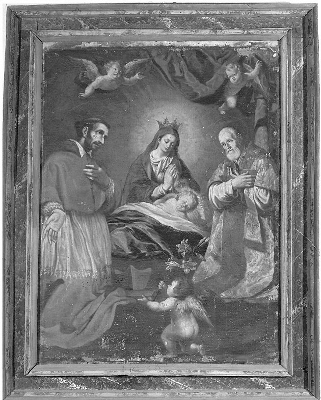 La Madonna adorante il Bambino fra San Carlo Borromeo e San Filippo Neri, Madonna con Bambino e Santi (dipinto, opera isolata) - ambito Italia centrale (fine sec. XVII)