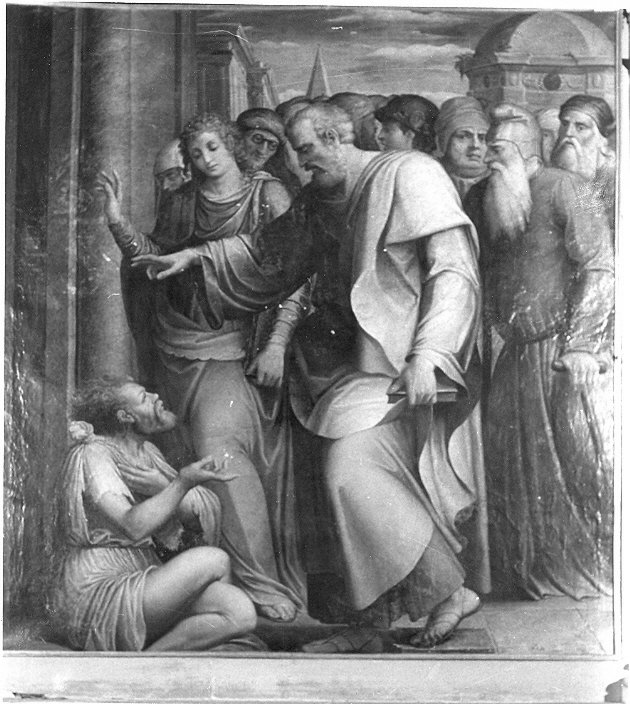 San Pietro guarisce lo storpio, San Pietro guarisce gli infermi con la sua ombra (dipinto, opera isolata) di Alfani Orazio di Domenico (attribuito) (sec. XVI)