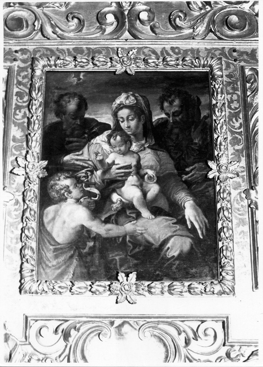 Madonna con Bambino, San Giovannino, San Pietro e San Paolo, Madonna con Bambino e San Giovannino (dipinto, elemento d'insieme) di Del Conte Jacopino (maniera) (sec. XVI)