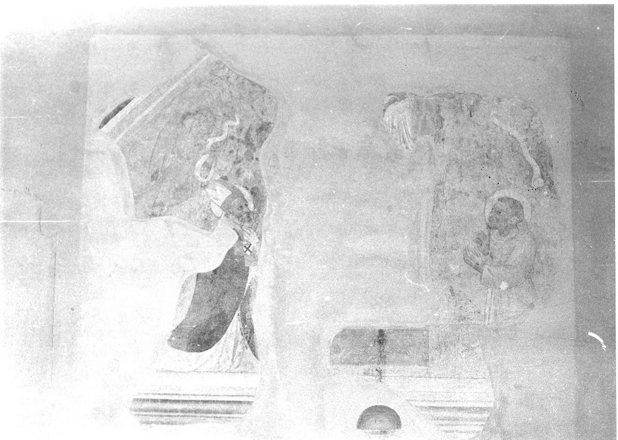 Santo vescovo, San Francesco e angeli, Santo vescovo (dipinto, frammento) di Policleto di Cola (attribuito), Lello da Velletri (attribuito) (prima metà sec. XV)