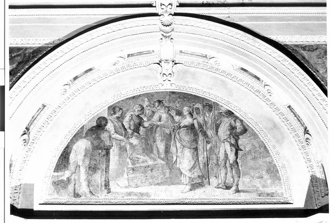 Santa Lucia davanti al giudice Pascasio (dipinto, ciclo) di Lombardelli Giovan Battista detto Montano (attribuito) (sec. XVI)