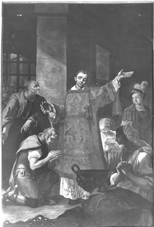 San Lorenzo battezza in carcere San Romano, San Lorenzo (dipinto, opera isolata) di Mariotti Carlo Spiridione (attribuito) (sec. XVIII)