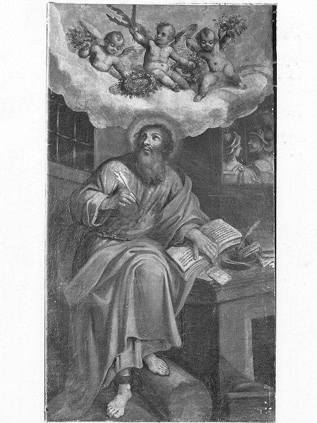 San Paolo in catene, in atto di scrivere lettere (dipinto, coppia) di Carlone Giovanni Andrea (attribuito) (sec. XVII)