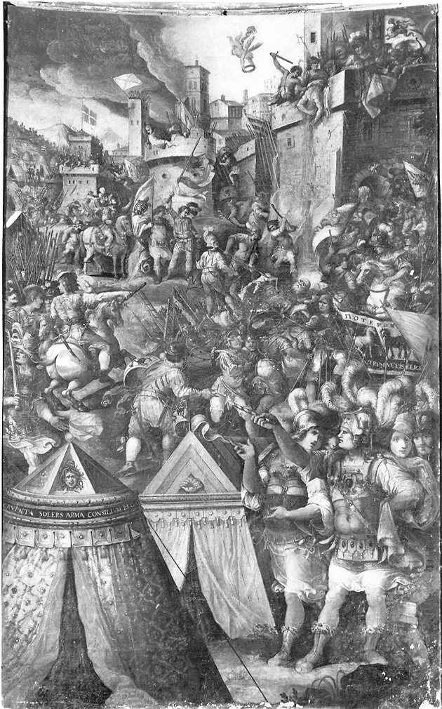 accampamento dei Goti sotto le mura di Perugia (dipinto, opera isolata) di Salvucci Matteo (attribuito) (sec. XVII)