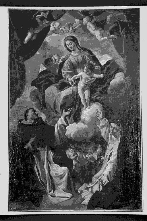 Madonna del Rosario con San Domenico e Santa Caterina da Siena (dipinto, elemento d'insieme) di Lanfranco Giovanni (attribuito) (sec. XVII)