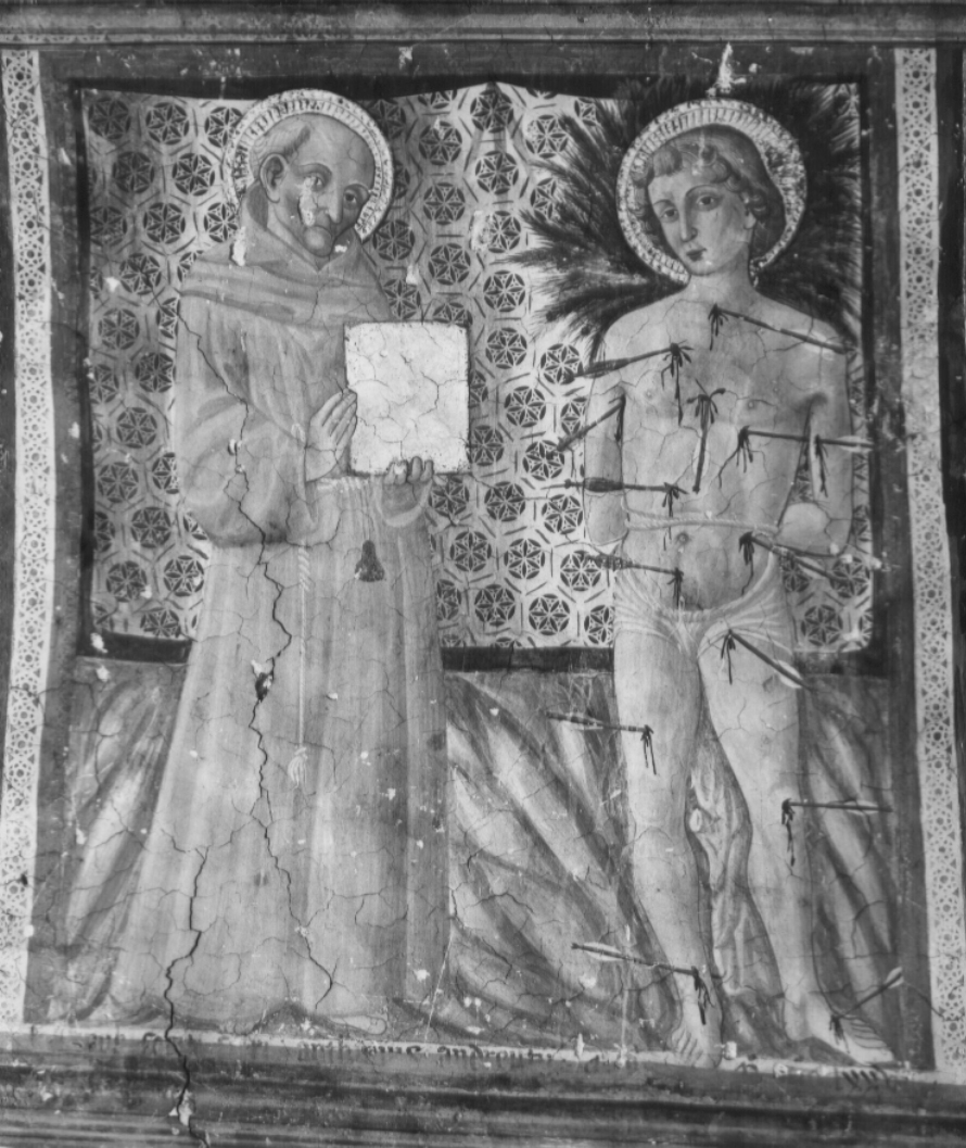 San Bernardino e santo (dipinto, complesso decorativo) - ambito umbro (sec. XV)