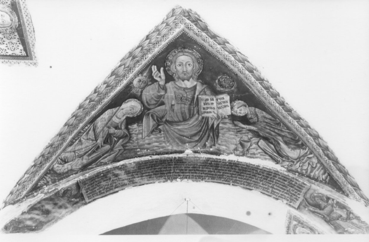 Cristo, la Madonna che protegge un bambino appena nato e San Liberatore (dipinto, complesso decorativo) - ambito umbro (sec. XV)