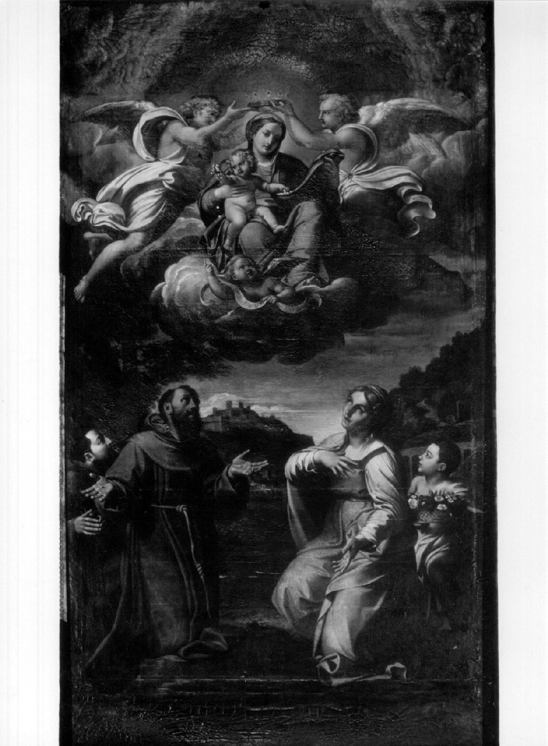 Madonna della Manna d'Oro, San Francesco, Santa Dorotea (dipinto, opera isolata) di Carracci Annibale (bottega) (fine sec. XVI)