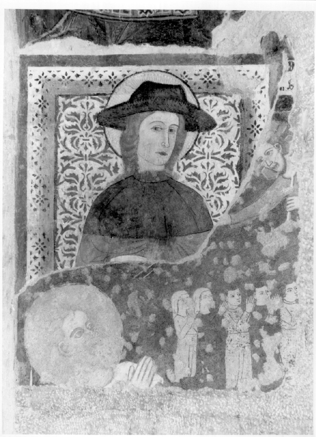 Cristo risorto benedice santo orante e devoti (dipinto, frammento) - ambito umbro-laziale (prima metà sec. XIV)