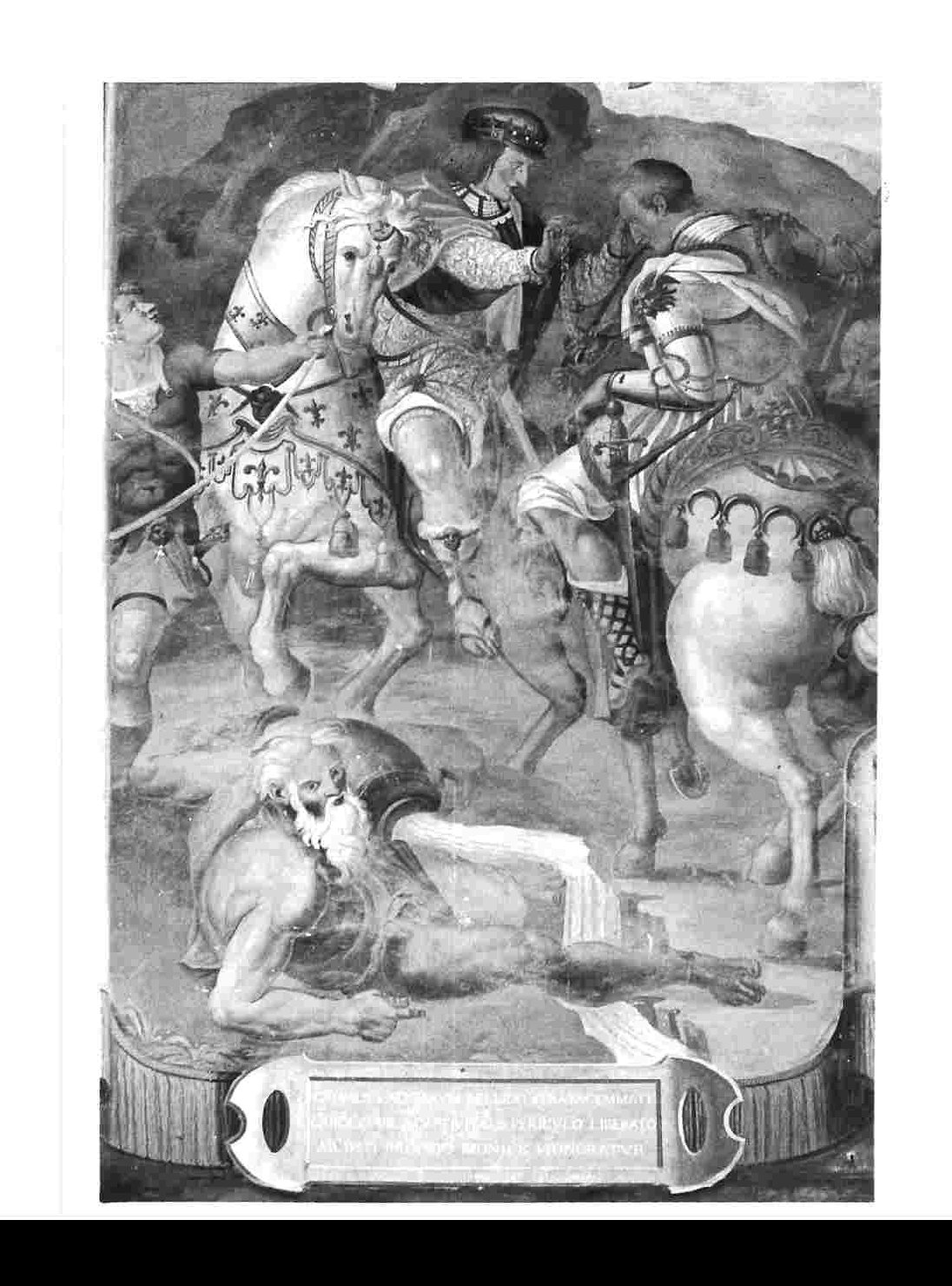 Carlo VIII dona a Camillo Vitelli il proprio monile (dipinto, elemento d'insieme) - ambito Italia centrale (fine/inizio secc. XVII/ XVIII)