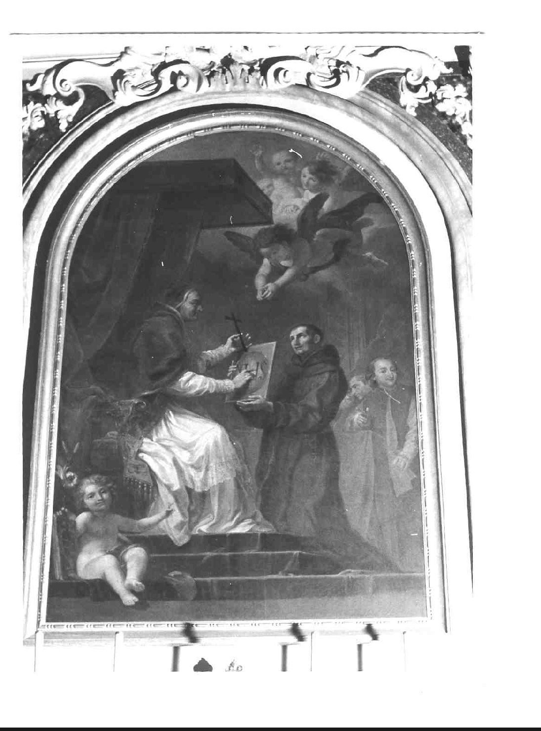 San Bernardino fa approvare la Regola a Martino V (dipinto, opera isolata) di Conca Tommaso Maria (attribuito) (fine/inizio secc. XVIII/ XIX)