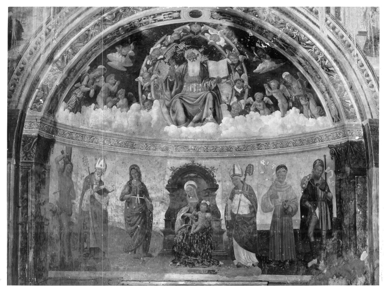 Dio Padre, Santi e angeli (dipinto, elemento d'insieme) di Giovanni di Pietro detto Spagna (scuola) (prima metà sec. XVI)