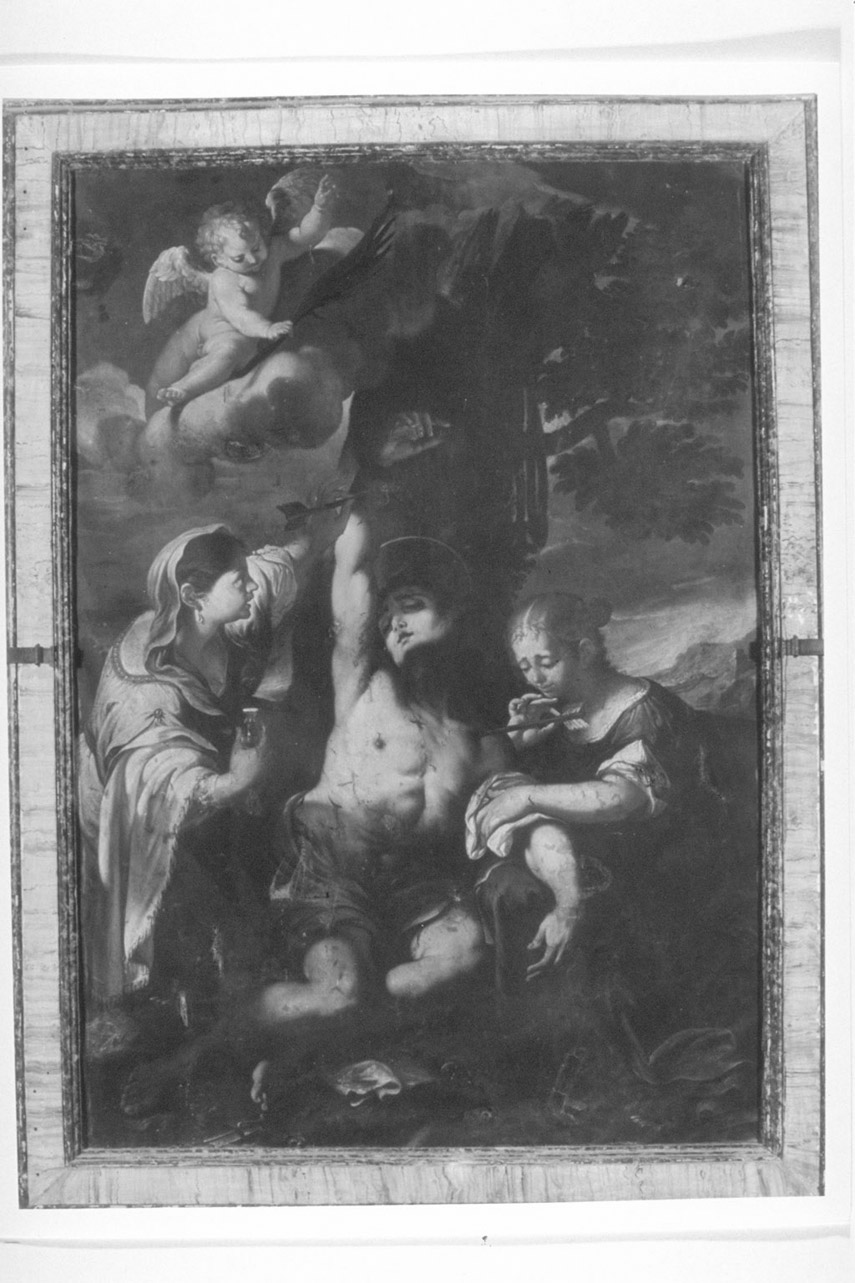 Gonfalone dei Santi Rocco e Sebastiano, San Sebastiano curato dagli angeli (stendardo processionale, elemento d'insieme) di Boccanera Giacinto (attribuito) (sec. XVII)