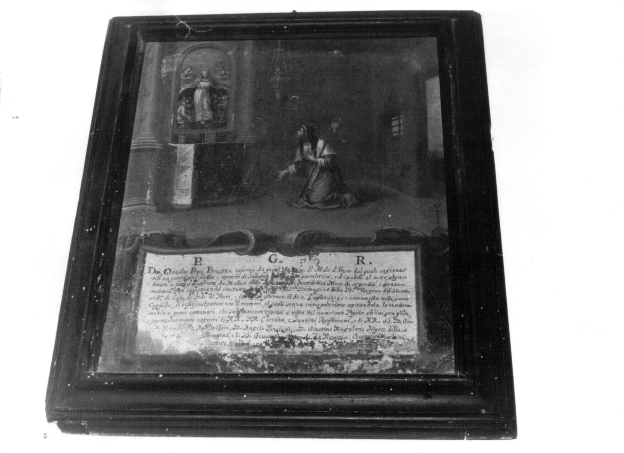 Figura femminile che chiede la grazia alla Madonna del Soccorso, Madonna del Soccorso (dipinto, opera isolata) - ambito Italia centrale (primo quarto sec. XVIII)