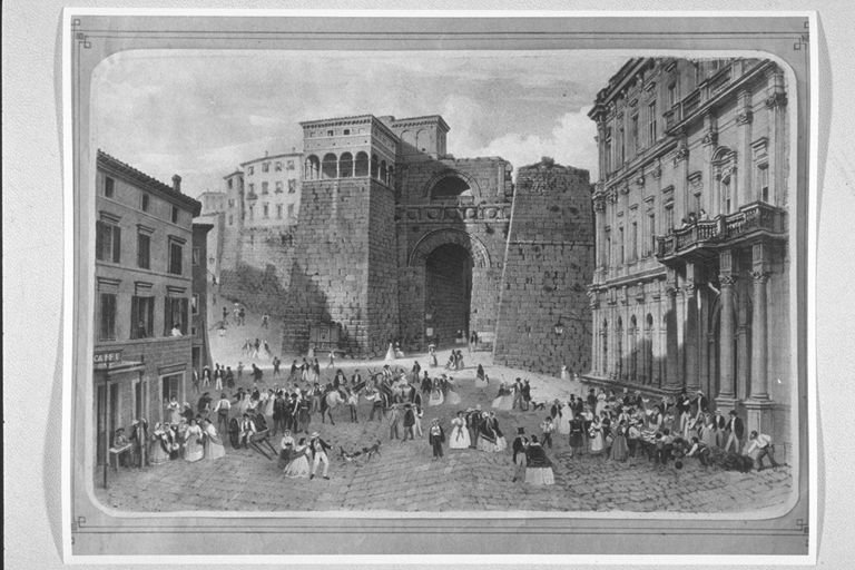 Veduta della Piazza Grimana intorno al 1870, veduta di città (dipinto, serie) di Verga Napoleone (sec. XIX)