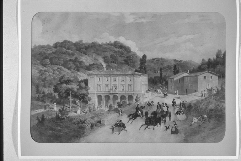 I perugini alle terme di San Galgano, veduta di città (dipinto, serie) di Verga Napoleone (sec. XIX)