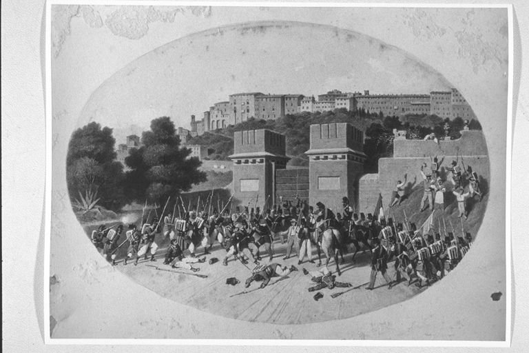 Assalto dei Piemontesi a Porta Santa Margherita il 14 settembre 1860, veduta di città (dipinto, serie) di Verga Napoleone (sec. XIX)