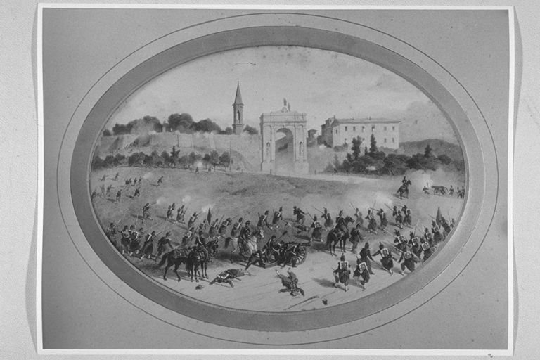 Assalto di Porta San Costanzo da parte dei papalini contro i rivoltosi di Perugia il 20 giugno 1859, veduta di città (dipinto, serie) di Verga Napoleone (sec. XIX)