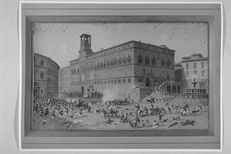 Combattimento nella Piazza Grande, veduta di città (dipinto, serie) di Verga Napoleone (sec. XIX)