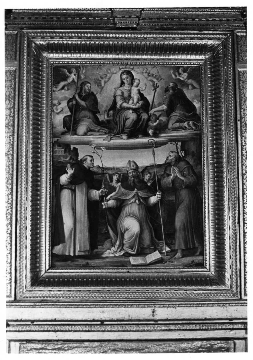 Madonna con Bambino in gloria e Santi (pala d'altare, elemento d'insieme) di Raffaellino di Michelangelo detto Raffaellino del Colle, Alfani Orazio di Domenico (sec. XVI)