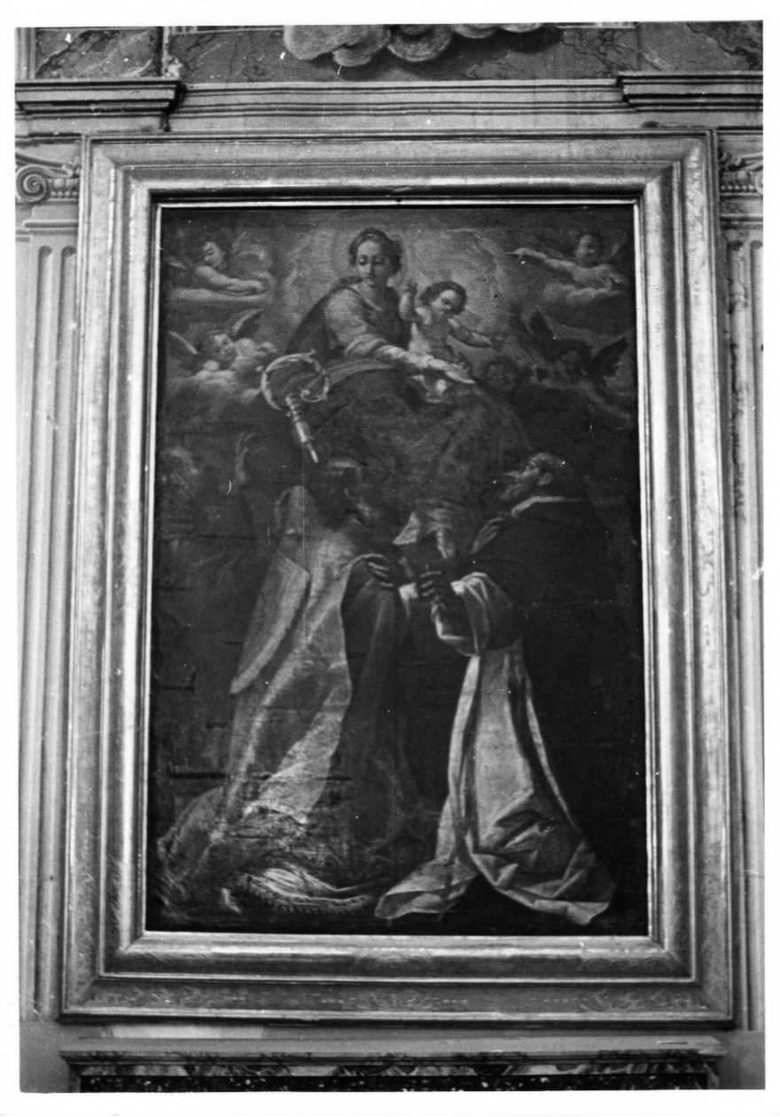 Madonna con Bambino in gloria, S.Agostino, S.Francesco D'Assisi e S.Domeni co (pala d'altare, opera isolata) di Scaramuccia Giovanni Antonio (sec. XVII)