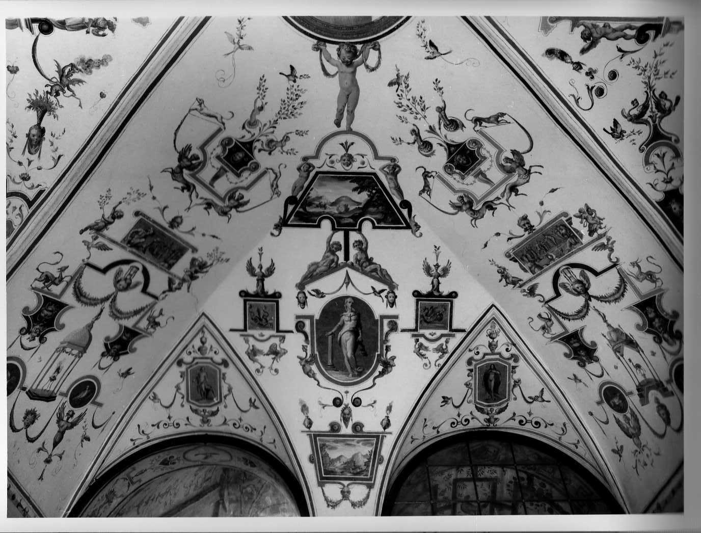 grottesche/ allegoria della Fortezza/ paesaggio (decorazione pittorica, ciclo) di Savini Salvio (attribuito) (ultimo quarto sec. XVI)