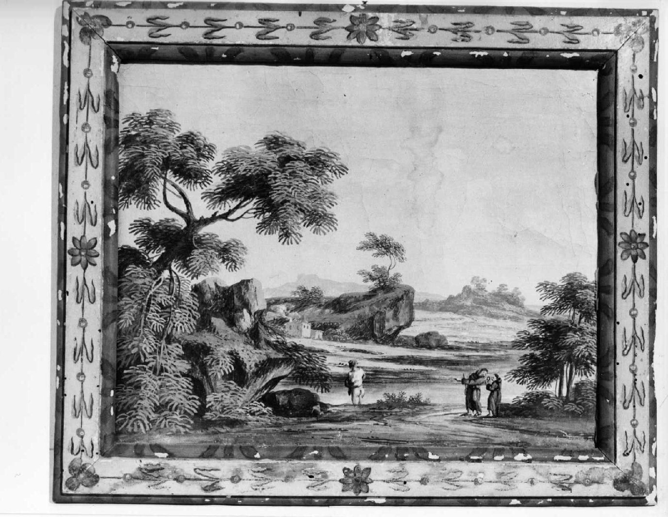 paesaggio con due frati che guardano una donna che si sta bagnando in un f iume (dipinto, opera isolata) - ambito romano (seconda metà sec. XVIII)