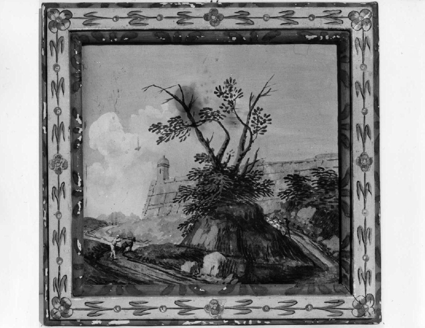 paesaggio con uomo con asino ed un pastore con il gregge (dipinto, opera isolata) - ambito romano (fine sec. XVIII)