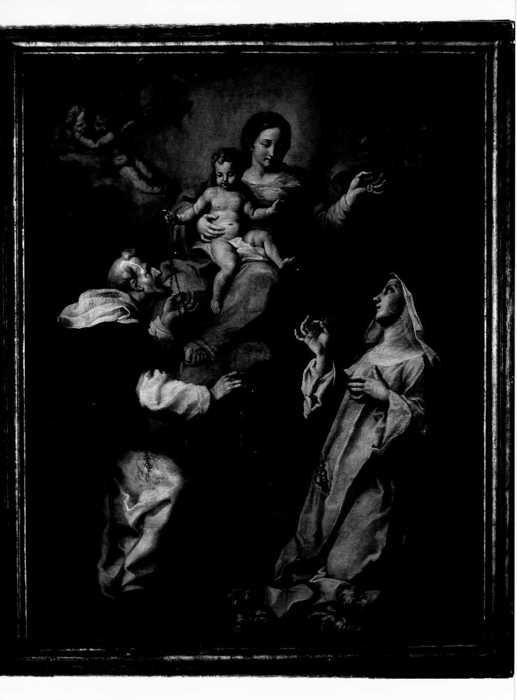 Madonna del Rosario con San Domenico e Santa Caterina da Siena (dipinto, opera isolata) di Monotti Vincenzo (sec. XVIII)