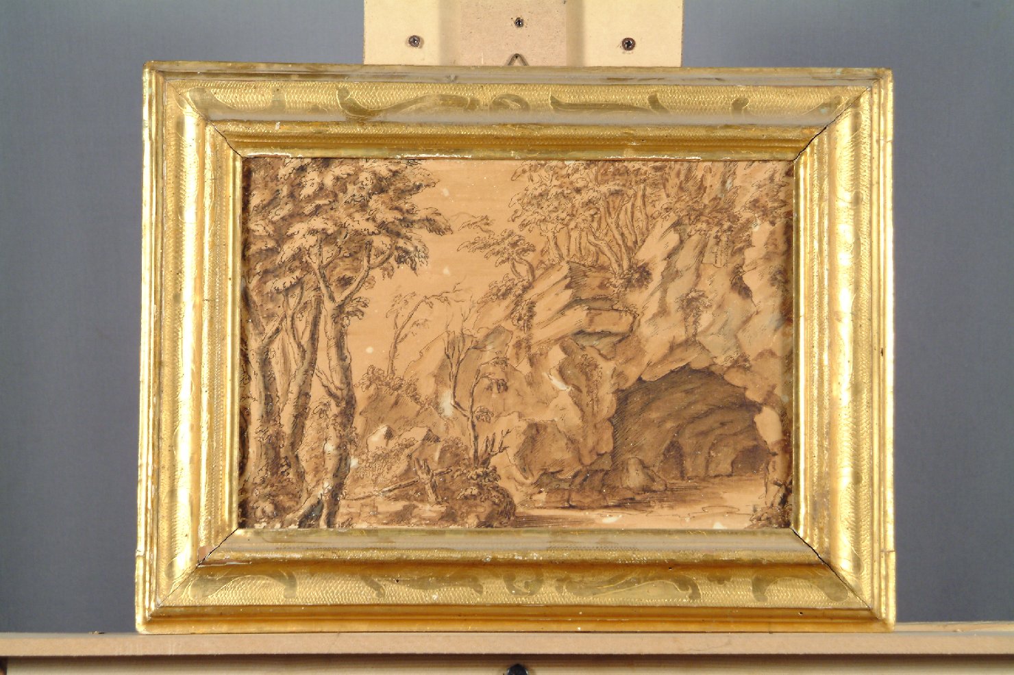 paesaggio alberi e grotta (disegno, opera isolata) - ambito romano (seconda metà sec. XVII)