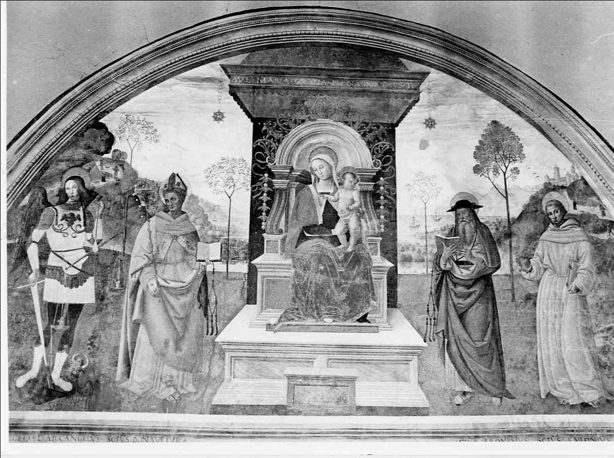 Madonna in trono e Santi (dipinto, opera isolata) di Tiberio d'Assisi (attribuito) (sec. XVI)