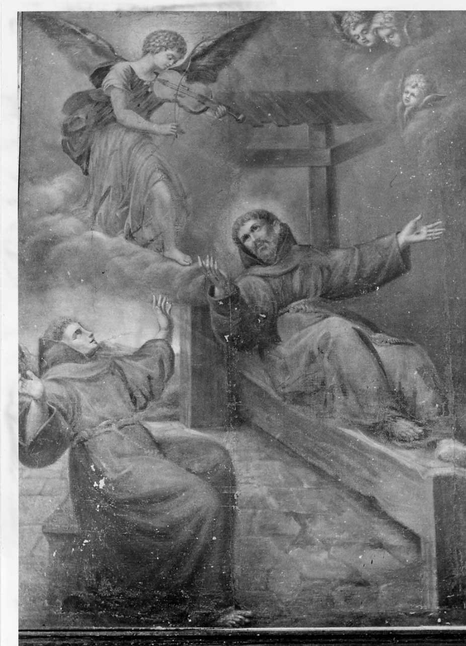 San Francesco d'Assisi morente ha la visione dell'angelo che suona il viol ino (dipinto, opera isolata) - ambito Italia centrale (metà sec. XVII)