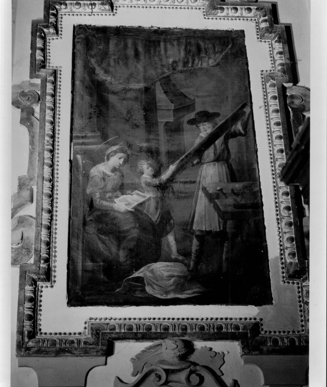 Gesù fanciullo nella bottega di San Giuseppe con la Madonna (dipinto, complesso decorativo) - ambito Italia centrale (seconda metà sec. XVII)
