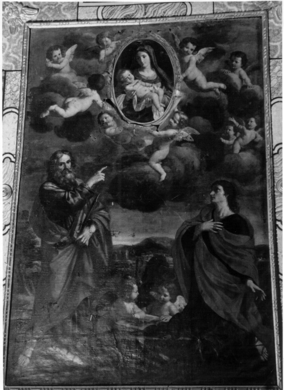 Madonna con Bambino, santi e angeli (pala d'altare, elemento d'insieme) di Gimignani Giacinto (attribuito) (sec. XVII)