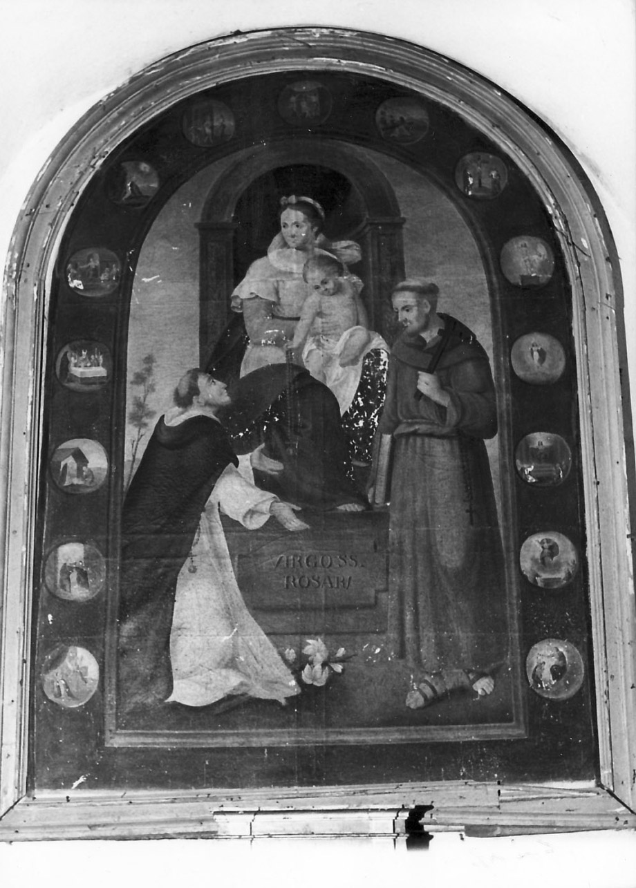 Madonna del Rosario con San Domenico e San Francesco d'Assisi (dipinto, opera isolata) - ambito Italia centrale (primo quarto sec. XVII)