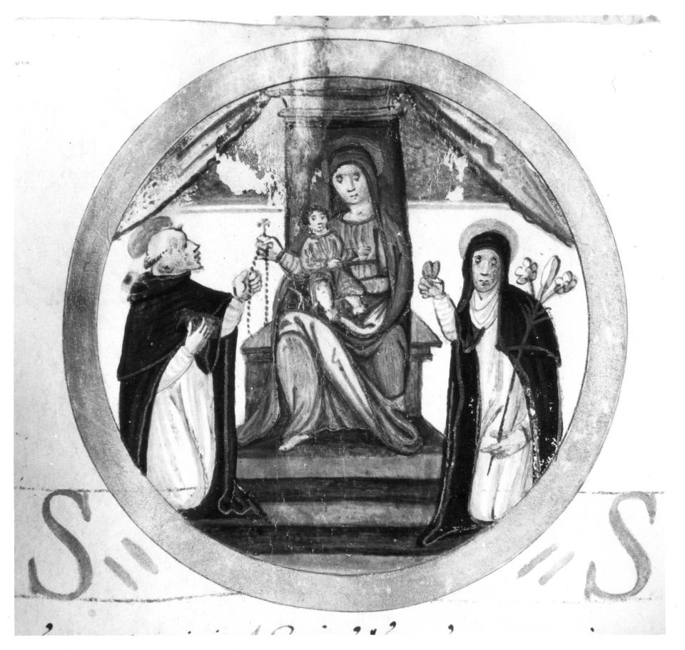 Madonna del Rosario con San Domenico e Santa Caterina da Siena (miniatura) - ambito italiano (sec. XVII)
