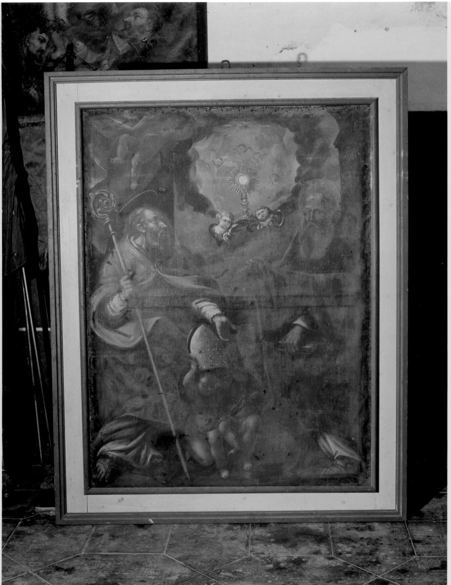 San Bernardo e San Benedetto in adorazione del Santissimo Sacramento (dipinto, opera isolata) - ambito italiano (sec. XVII)