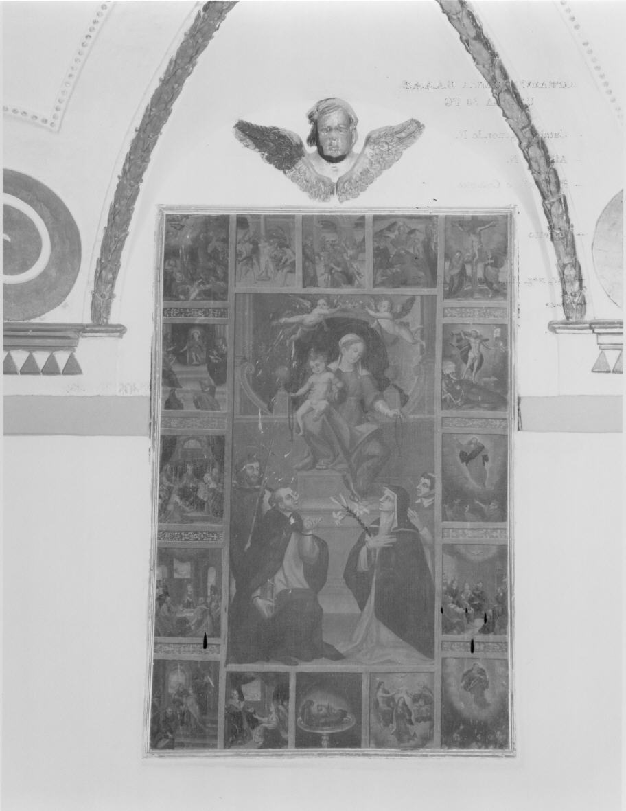 Madonna del Rosario con San Domenico e Santa Caterina, santi e misteri del rosario (dipinto) - ambito italiano (sec. XVII)