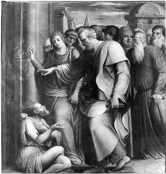 San Pietro e San Giovanni Evangelista guariscono lo storpio (dipinto, opera isolata) di Alfani Orazio di Domenico (attribuito) (sec. XVI)