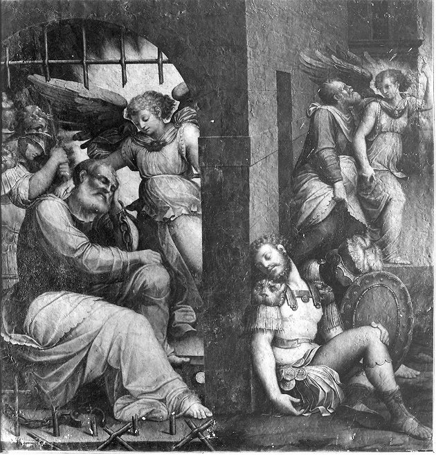 San Pietro liberato dal carcere da un angelo (dipinto, elemento d'insieme) di Alfani Orazio di Domenico (attribuito) (sec. XVI)
