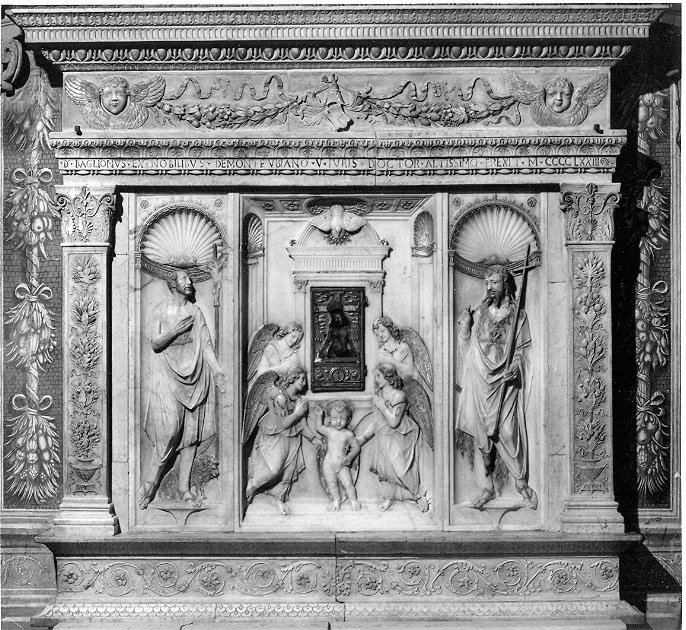 Gesù fanciullo, il Battista e San Girolamo (dossale, frammento) di Mino da Fiesole (attribuito) (sec. XV)