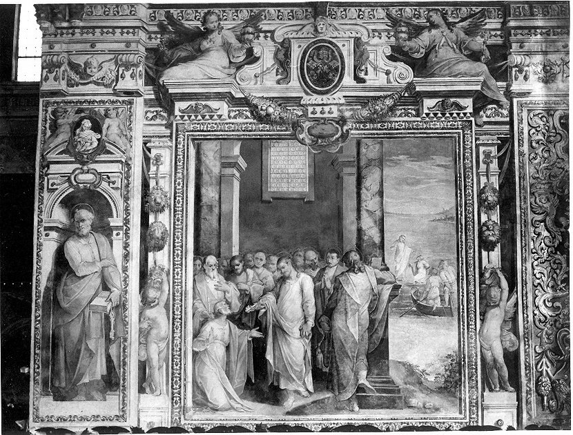 Cristo consegna le chiavi a San Pietro (dipinto, elemento d'insieme) di Lombardelli Giovan Battista detto Montano (attribuito) (sec. XVI)