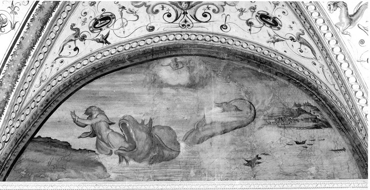 Giona inghiottito dalla balena (dipinto, elemento d'insieme) - ambito fiammingo (sec. XVI)