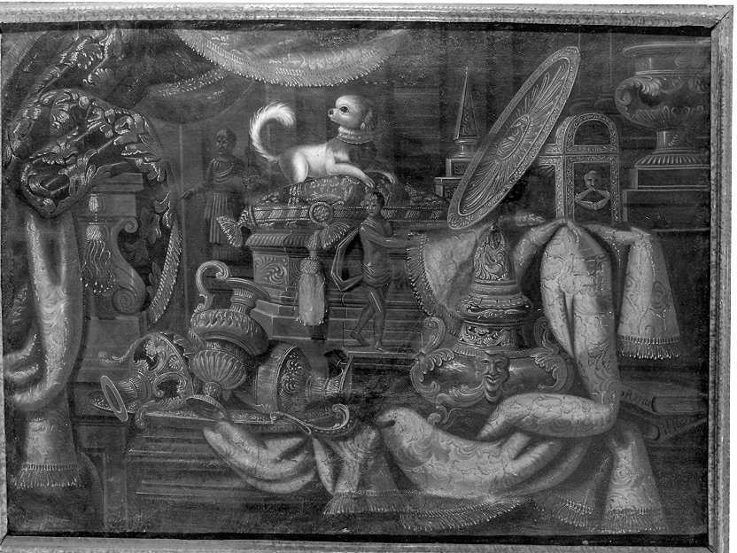 natura morta con cagnolino, tessuti, vasi decorati, scrigni e sculture, natura morta (dipinto, opera isolata) - ambito lombardo (sec. XVII)
