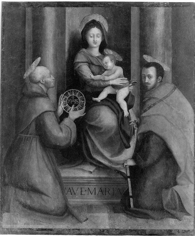 Madonna con Bambino in trono tra santi (dipinto, opera isolata) di Alfani Domenico (attribuito) (sec. XVI)